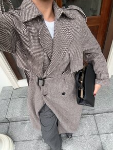 SHEIN EZwear 復古千鳥格鈕扣長袖大衣 - 摩卡棕 - 查看 6