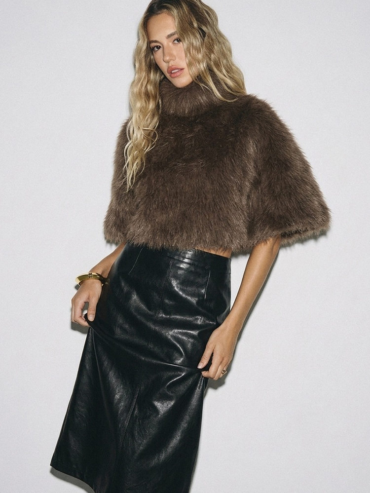 ATUI Studio Women's Solid Color High Neck Cape Design Faux Fur Coat - Mocha Brown - View 1