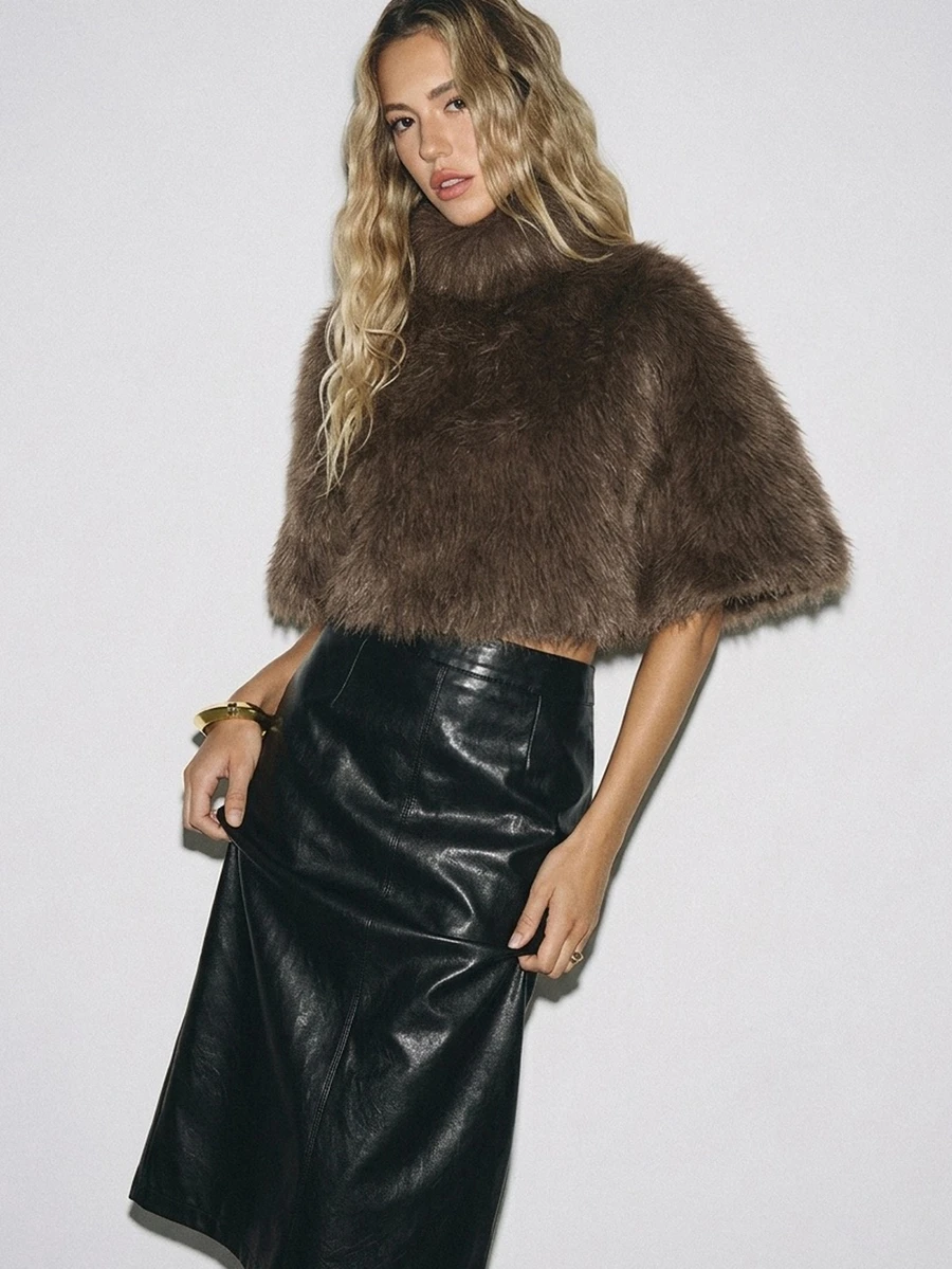 ATUI Studio Women's Solid Color High Neck Cape Design Faux Fur Coat - Mocha Brown - View 1