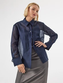 KÆRIA Hus Sheer Button-Up Shirt - Airy Lyocell Blend - Navy Blue - Going Out Night Out Top, Button-Up, Long-Sleeve, Summer, Elegant, Sexy, Comfortable, Fall - Blue - View 7