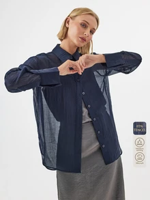 KÆRIA Hus Sheer Button-Up Shirt - Airy Lyocell Blend - Navy Blue - Going Out Night Out Top, Button-Up, Long-Sleeve, Summer, Elegant, Sexy, Comfortable, Fall - Blue - View 8