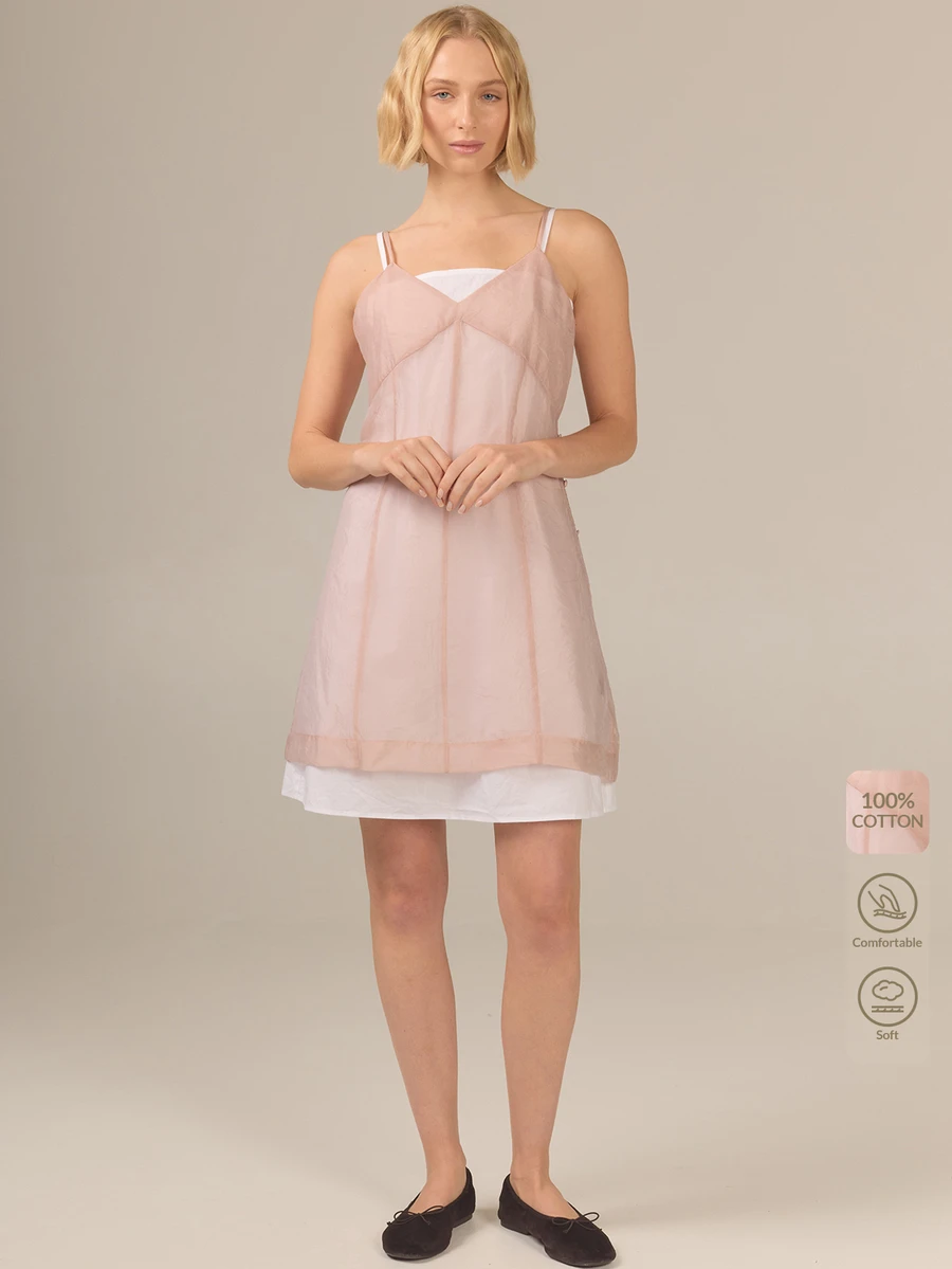 KÆRIA Hus Sheer Layered Mini Dress Set - Organza, 100% Cotton Lined - Pink White - Premium Fabric, Occasion - Multicolor - View 1