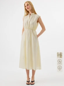 KÆRIA Hus Solid Notched Neckline Sleeveless Slant Pocket Long Dress - Pale Yellow - Brunch, Vacation, Party Picnic, Summer, French, Elegant, Casual, Minimalist - Apricot - View 8