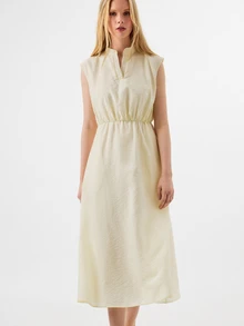 KÆRIA Hus Solid Notched Neckline Sleeveless Slant Pocket Long Dress - Pale Yellow - Brunch, Vacation, Party Picnic, Summer, French, Elegant, Casual, Minimalist - Apricot - View 5