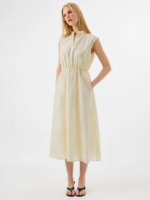 KÆRIA Hus Solid Notched Neckline Sleeveless Slant Pocket Long Dress - Pale Yellow - Brunch, Vacation, Party Picnic, Summer, French, Elegant, Casual, Minimalist - Apricot - View 1