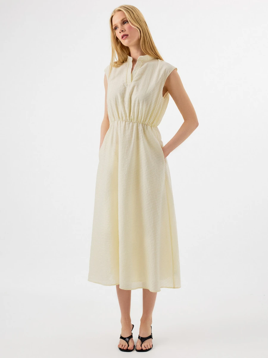 KÆRIA Hus Solid Notched Neckline Sleeveless Slant Pocket Long Dress - Pale Yellow - Brunch, Vacation, Party Picnic, Summer, French, Elegant, Casual, Minimalist - Apricot - View 1