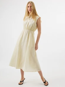 KÆRIA Hus Solid Notched Neckline Sleeveless Slant Pocket Long Dress - Pale Yellow - Brunch, Vacation, Party Picnic, Summer, French, Elegant, Casual, Minimalist - Apricot - View 3