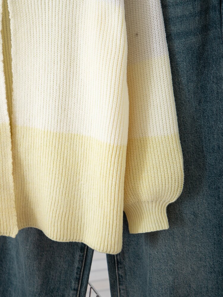 SHEIN Tween Girls' White And Yellow Gradient Color Block V-Neck Knitted Cardigan, Thick Chunky Knit Loose Petal Sleeve Sweater Jacket, Casual Versatile Knit Outerwear Top For Students - Yellow - View 5