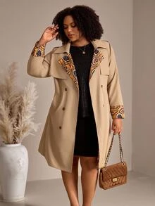 EMERY ROSE Plus Size Women Autumn/Winter Casual Elegant Floral Print Patchwork Khaki Mid-Length Coat With Waist Belt And Pockets,Office Work Wear,Going Out,Fall - Multicolor - View 6
