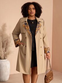 EMERY ROSE Plus Size Women Autumn/Winter Casual Elegant Floral Print Patchwork Khaki Mid-Length Coat With Waist Belt And Pockets,Office Work Wear,Going Out,Fall - Multicolor - View 11