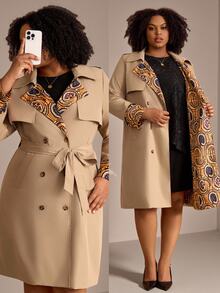 EMERY ROSE Plus Size Women Autumn/Winter Casual Elegant Floral Print Patchwork Khaki Mid-Length Coat With Waist Belt And Pockets,Office Work Wear,Going Out,Fall - Multicolor - View 2