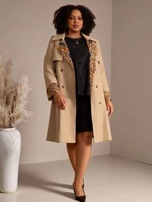 EMERY ROSE Plus Size Women Autumn/Winter Casual Elegant Floral Print Patchwork Khaki Mid-Length Coat With Waist Belt And Pockets,Office Work Wear,Going Out,Fall - Multicolor - View 3