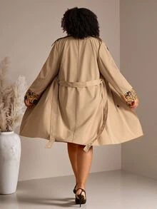 EMERY ROSE Plus Size Women Autumn/Winter Casual Elegant Floral Print Patchwork Khaki Mid-Length Coat With Waist Belt And Pockets,Office Work Wear,Going Out,Fall - Multicolor - View 4