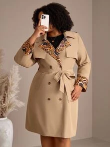 EMERY ROSE Plus Size Women Autumn/Winter Casual Elegant Floral Print Patchwork Khaki Mid-Length Coat With Waist Belt And Pockets,Office Work Wear,Going Out,Fall - Multicolor - View 8