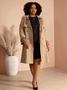 EMERY ROSE Plus Size Women Autumn/Winter Casual Elegant Floral Print Patchwork Khaki Mid-Length Coat With Waist Belt And Pockets,Office Work Wear,Going Out,Fall - Multicolor - View 9