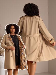 EMERY ROSE Plus Size Women Autumn/Winter Casual Elegant Floral Print Patchwork Khaki Mid-Length Coat With Waist Belt And Pockets,Office Work Wear,Going Out,Fall - Multicolor - View 12