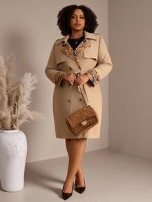 EMERY ROSE Plus Size Women Autumn/Winter Casual Elegant Floral Print Patchwork Khaki Mid-Length Coat With Waist Belt And Pockets,Office Work Wear,Going Out,Fall - Multicolor - View 7