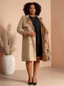 EMERY ROSE Plus Size Women Autumn/Winter Casual Elegant Floral Print Patchwork Khaki Mid-Length Coat With Waist Belt And Pockets,Office Work Wear,Going Out,Fall - Multicolor - View 13