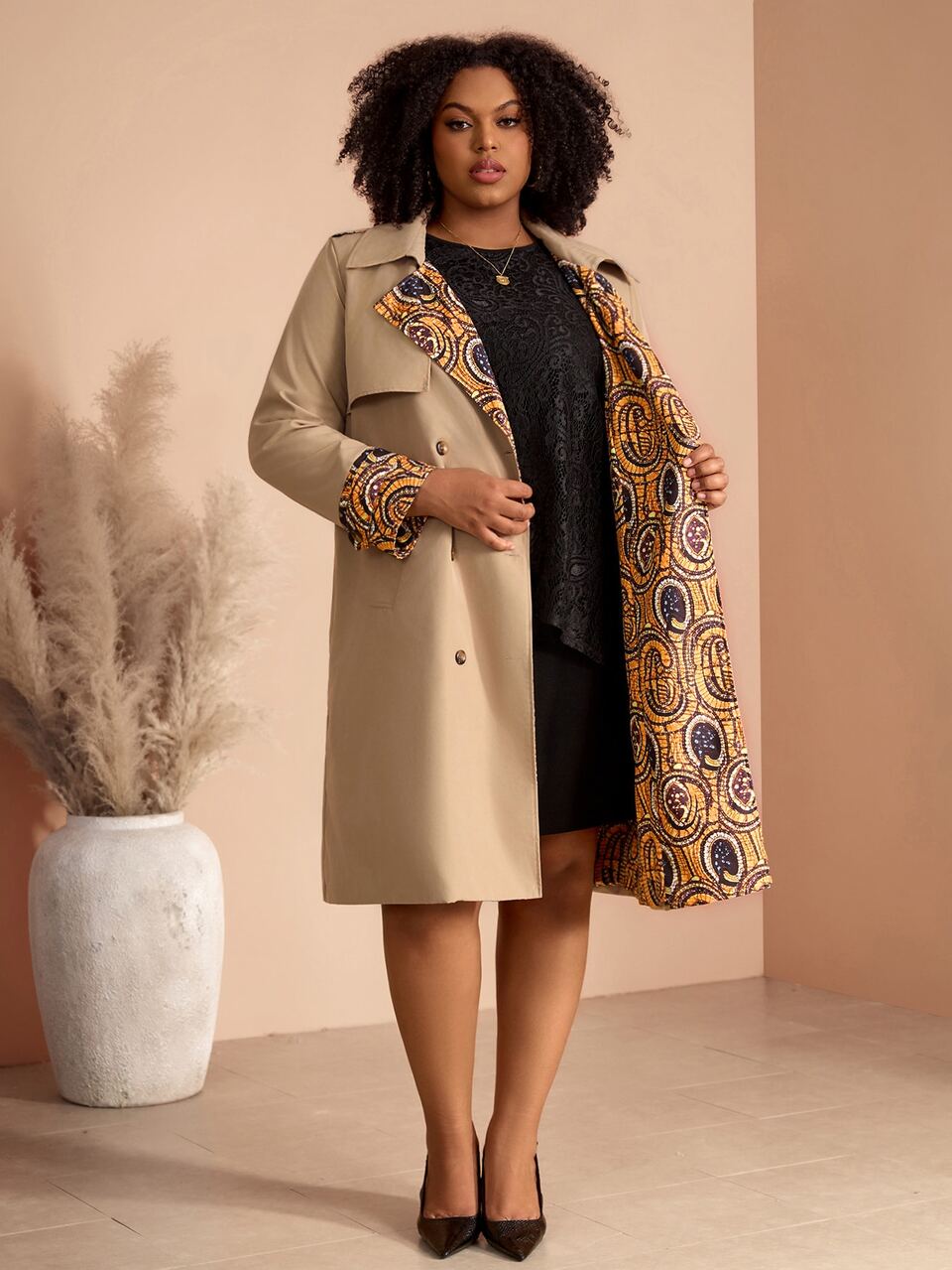 Plus Size Women Autumn/Winter Business Casual Elegant Floral Print Patchwork Evening Beige Mid-Length Coat With Waist Belt And Pockets, Office