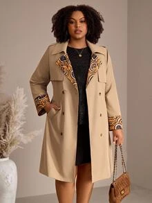 EMERY ROSE Plus Size Women Autumn/Winter Casual Elegant Floral Print Patchwork Khaki Mid-Length Coat With Waist Belt And Pockets,Office Work Wear,Going Out,Fall - Multicolor - View 5