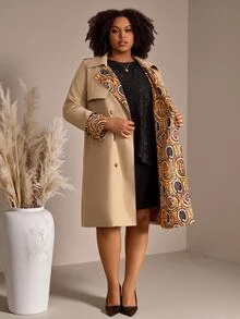 EMERY ROSE Plus Size Women Autumn/Winter Casual Elegant Floral Print Patchwork Khaki Mid-Length Coat With Waist Belt And Pockets,Office Work Wear,Going Out,Fall - Multicolor - View 1