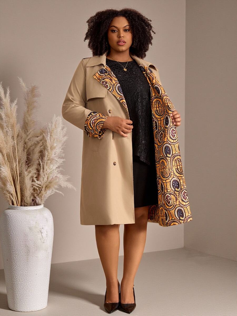 EMERY ROSE Plus Size Women Autumn/Winter Casual Elegant Floral Print Patchwork Khaki Mid-Length Coat With Waist Belt And Pockets,Office Work Wear,Going Out,Fall - Multicolor - View 1