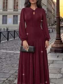 Modelyn Plus Size Elegant Round Neck Front Cut-Out Evening Gown, Suitable For Weddings, Balls, Anniversaries And Formal Occasions Party Fall - Burgundy - View 2
