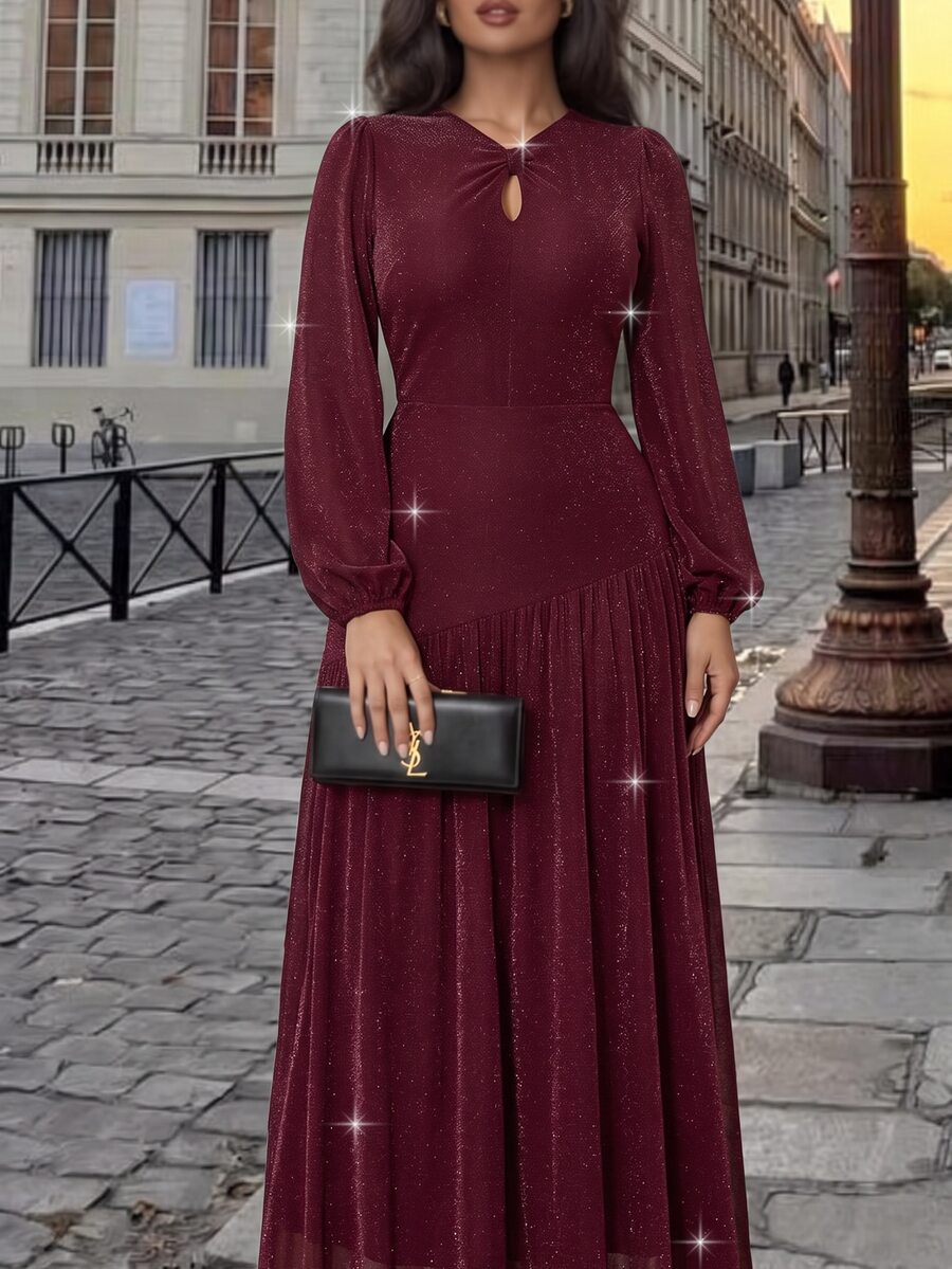 Modelyn Plus Size Elegant Round Neck Front Cut-Out Evening Gown, Suitable For Weddings, Balls, Anniversaries And Formal Occasions Party Fall