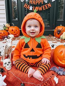 SHEIN Newborn Baby Halloween Cute Orange Hooded Romper & Striped Autumn Winter Pants 2 Pieces Set Halloween Suitable For Babies,Halloween Festival Outfits - Orange - View 2