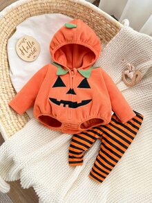 SHEIN Newborn Baby Halloween Cute Orange Hooded Romper & Striped Autumn Winter Pants 2 Pieces Set Halloween Suitable For Babies,Halloween Festival Outfits - Orange - View 6