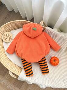 SHEIN Newborn Baby Halloween Cute Orange Hooded Romper & Striped Autumn Winter Pants 2 Pieces Set Halloween Suitable For Babies,Halloween Festival Outfits - Orange - View 4