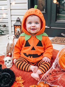 SHEIN Newborn Baby Halloween Cute Orange Hooded Romper & Striped Autumn Winter Pants 2 Pieces Set Halloween Suitable For Babies,Halloween Festival Outfits - Orange - View 3