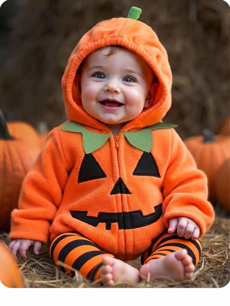SHEIN Newborn Baby Halloween Cute Orange Hooded Romper & Striped Autumn Winter Pants 2 Pieces Set Halloween Suitable For Babies,Halloween Festival Outfits - Orange - View 1