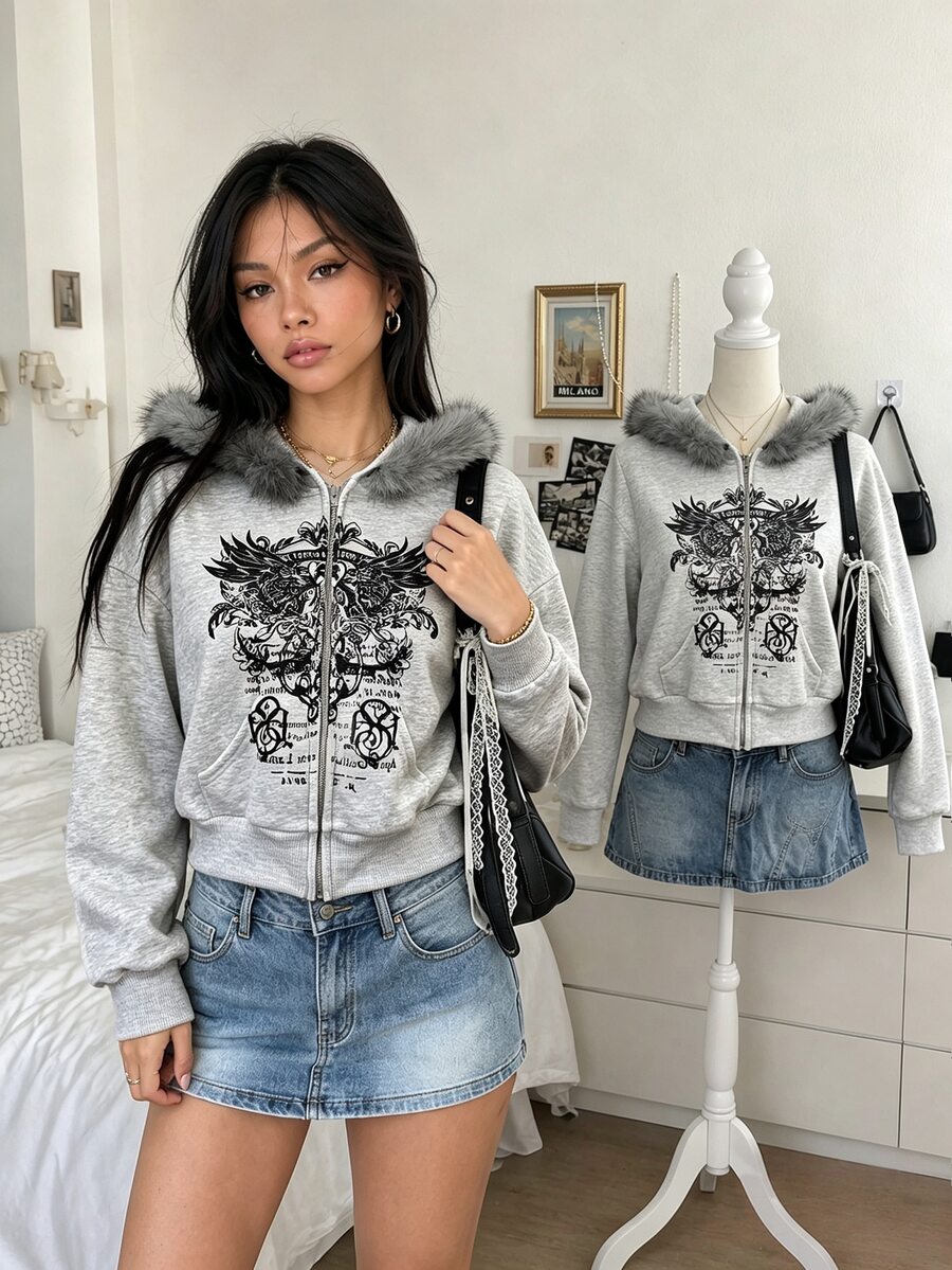 Lalippa Women's Popular Cropped Sweatshirt Jacket - Grey - View 1