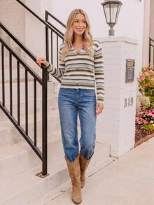 Coeurva Casual Minimalist Retro Blue And Brown Striped Print Pattern, Formal Wear, Commuter, Summer Outdoor Thin Cardigan - Multicolor - View 8