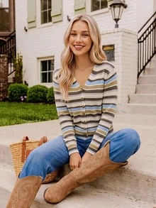 Coeurva Casual Minimalist Retro Blue And Brown Striped Print Pattern, Formal Wear, Commuter, Summer Outdoor Thin Cardigan - Multicolor - View 1