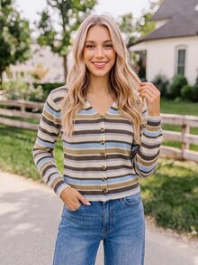 Coeurva Casual Minimalist Retro Blue And Brown Striped Print Pattern, Formal Wear, Commuter, Summer Outdoor Thin Cardigan - Multicolor - View 7