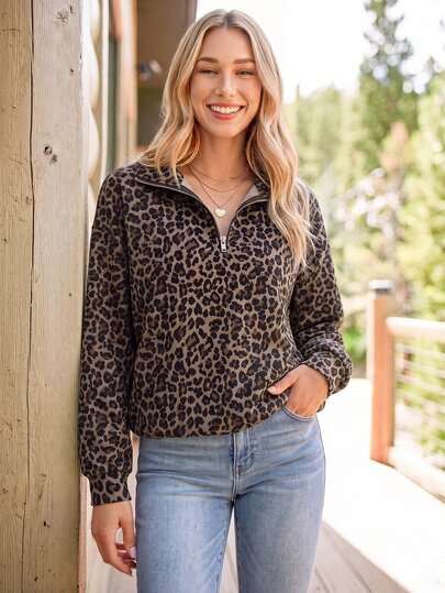 Coeurva Sudadera con media cremallera de estampado de leopardo gris clásico para mujer, tono marrón, estilo casual de calle de otoño, estilo retro Y2K, para uso diario, salidas y vacaciones