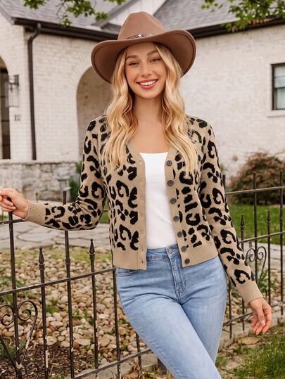 Coeurva Casual Minimalist Style Dark Brown Base Black Woven Leopard Print Women's Thin Cardigan Suitable For Spring, Summer And Early Autumn