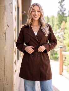 Coeurva Women's New Mid-Length Solid Color Double-Breasted Casual Trench Coat - Brown - View 3