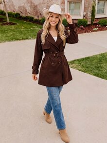 Coeurva Women's New Mid-Length Solid Color Double-Breasted Casual Trench Coat - Brown - View 6