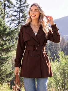Coeurva Women's New Mid-Length Solid Color Double-Breasted Casual Trench Coat - Brown - View 9