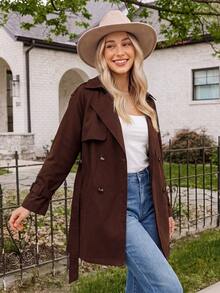 Coeurva Women's New Mid-Length Solid Color Double-Breasted Casual Trench Coat - Brown - View 10