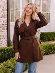 Coeurva Women's New Mid-Length Solid Color Double-Breasted Casual Trench Coat - Brown - View 7