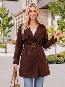 Coeurva Women's New Mid-Length Solid Color Double-Breasted Casual Trench Coat - Brown - View 4