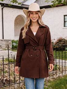 Coeurva Women's New Mid-Length Solid Color Double-Breasted Casual Trench Coat - Brown - View 8