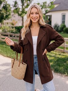 Coeurva Women's New Mid-Length Solid Color Double-Breasted Casual Trench Coat - Brown - View 1