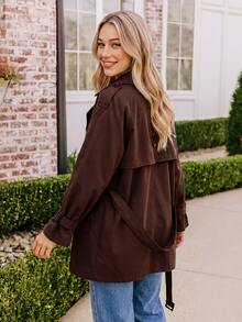Coeurva Women's New Mid-Length Solid Color Double-Breasted Casual Trench Coat - Brown - View 2