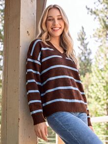 Coeurva V Neck Striped Pattern Drop Shoulder Sweater,Knitted Sweater In Fall/Winter - Sky Blue - View 10