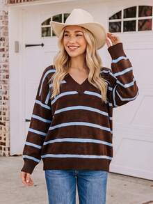 Coeurva V Neck Striped Pattern Drop Shoulder Sweater,Knitted Sweater In Fall/Winter - Sky Blue - View 4